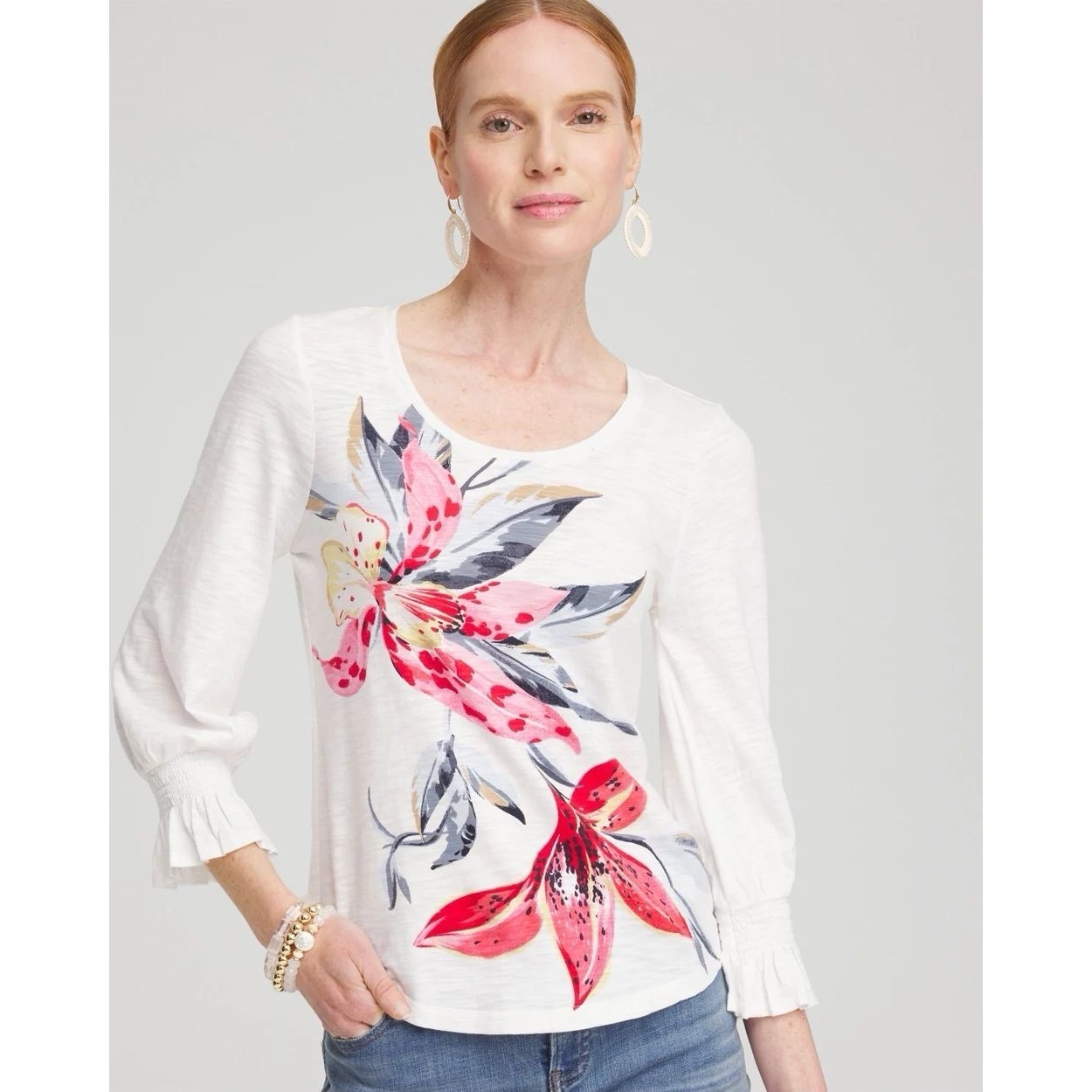 Chico's Placed Lily Smocked Tee Cotton Slub Floral Graphic Top White Pink